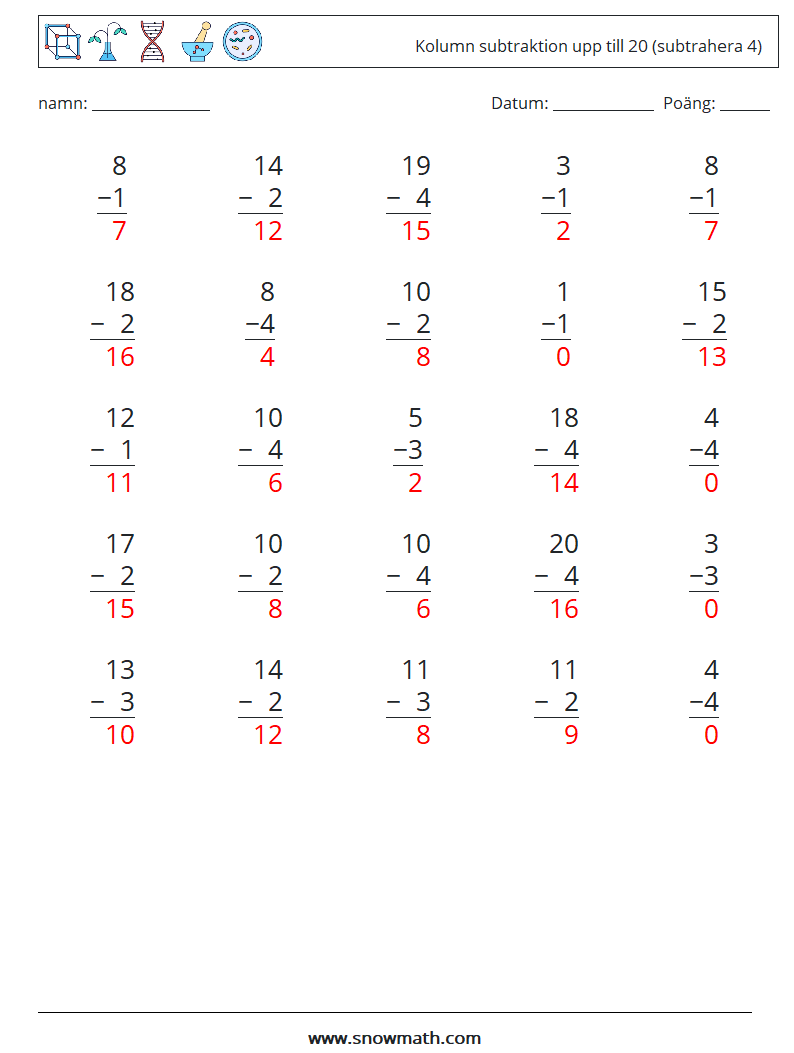 (25) Kolumn subtraktion upp till 20 (subtrahera 4) Matematiska arbetsblad 7 Fråga, svar