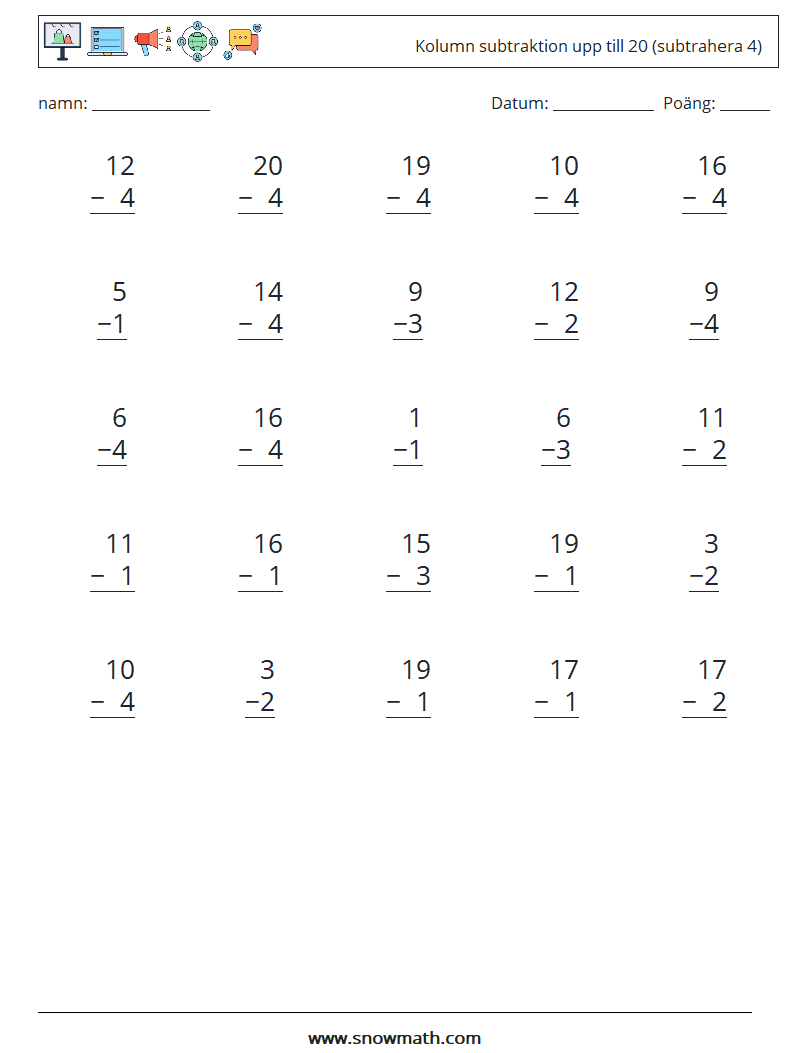 (25) Kolumn subtraktion upp till 20 (subtrahera 4) Matematiska arbetsblad 8