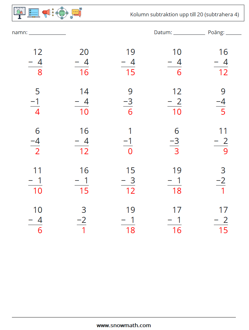 (25) Kolumn subtraktion upp till 20 (subtrahera 4) Matematiska arbetsblad 8 Fråga, svar