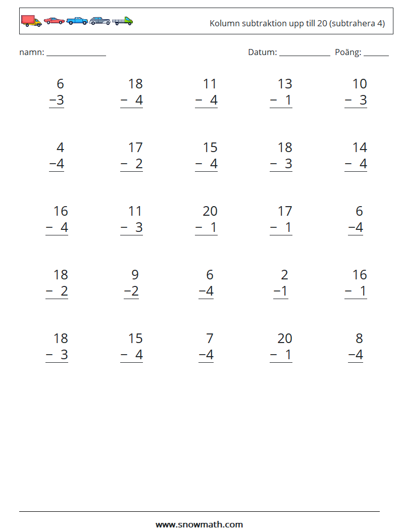 (25) Kolumn subtraktion upp till 20 (subtrahera 4) Matematiska arbetsblad 9