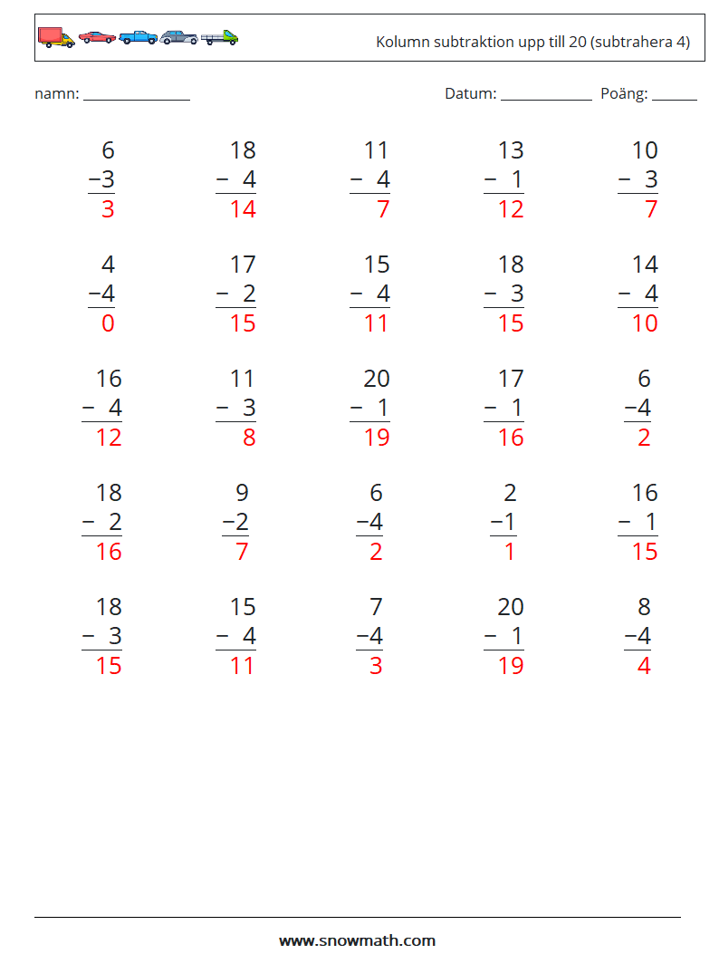 (25) Kolumn subtraktion upp till 20 (subtrahera 4) Matematiska arbetsblad 9 Fråga, svar