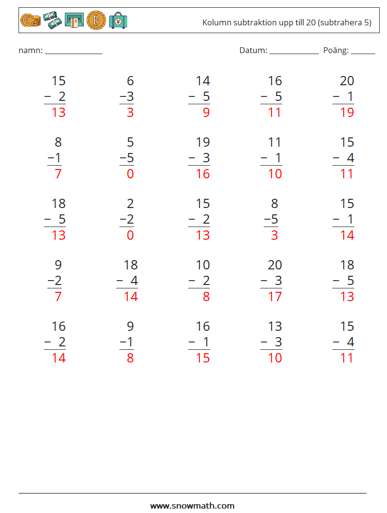 (25) Kolumn subtraktion upp till 20 (subtrahera 5) Matematiska arbetsblad 10 Fråga, svar
