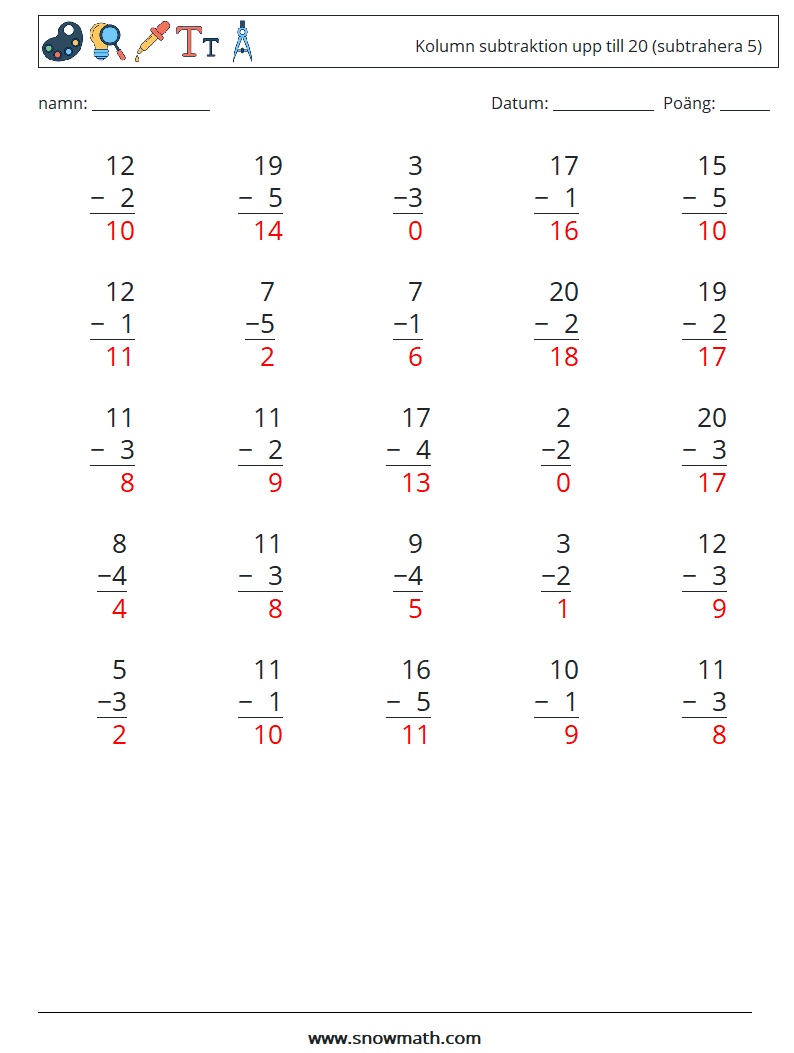 (25) Kolumn subtraktion upp till 20 (subtrahera 5) Matematiska arbetsblad 11 Fråga, svar