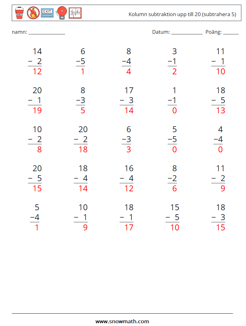 (25) Kolumn subtraktion upp till 20 (subtrahera 5) Matematiska arbetsblad 12 Fråga, svar