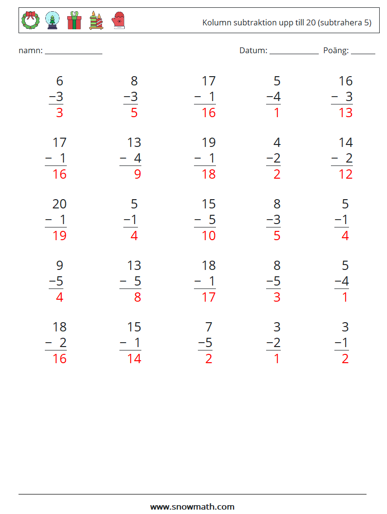 (25) Kolumn subtraktion upp till 20 (subtrahera 5) Matematiska arbetsblad 13 Fråga, svar