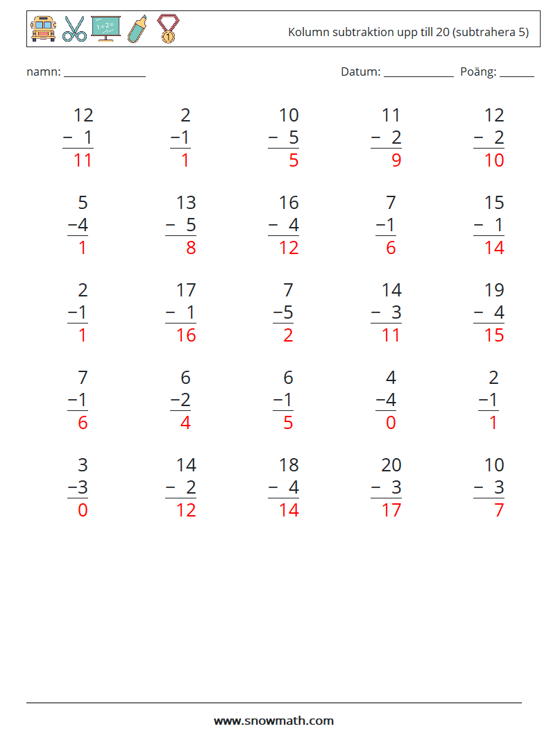 (25) Kolumn subtraktion upp till 20 (subtrahera 5) Matematiska arbetsblad 16 Fråga, svar