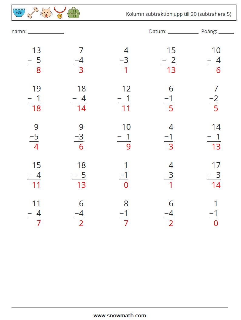 (25) Kolumn subtraktion upp till 20 (subtrahera 5) Matematiska arbetsblad 1 Fråga, svar