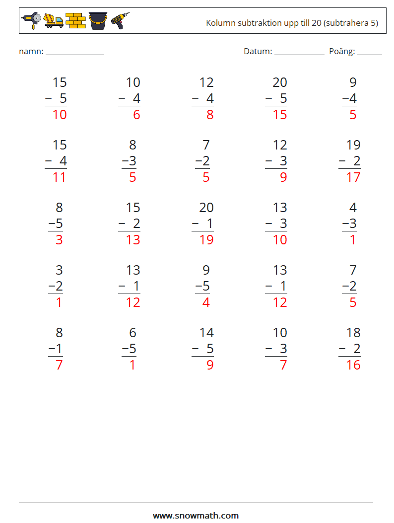 (25) Kolumn subtraktion upp till 20 (subtrahera 5) Matematiska arbetsblad 2 Fråga, svar