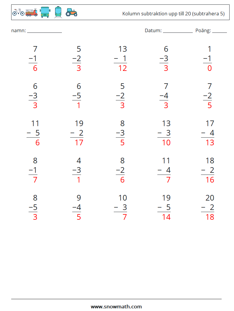 (25) Kolumn subtraktion upp till 20 (subtrahera 5) Matematiska arbetsblad 3 Fråga, svar