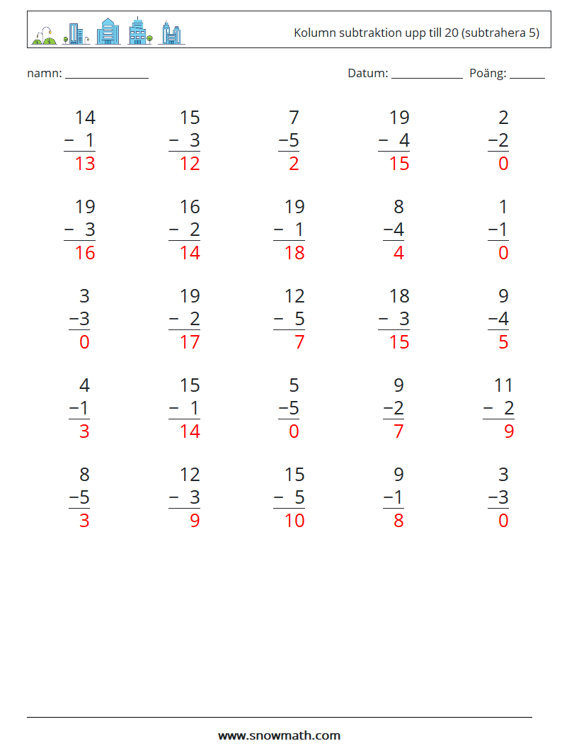 (25) Kolumn subtraktion upp till 20 (subtrahera 5) Matematiska arbetsblad 6 Fråga, svar