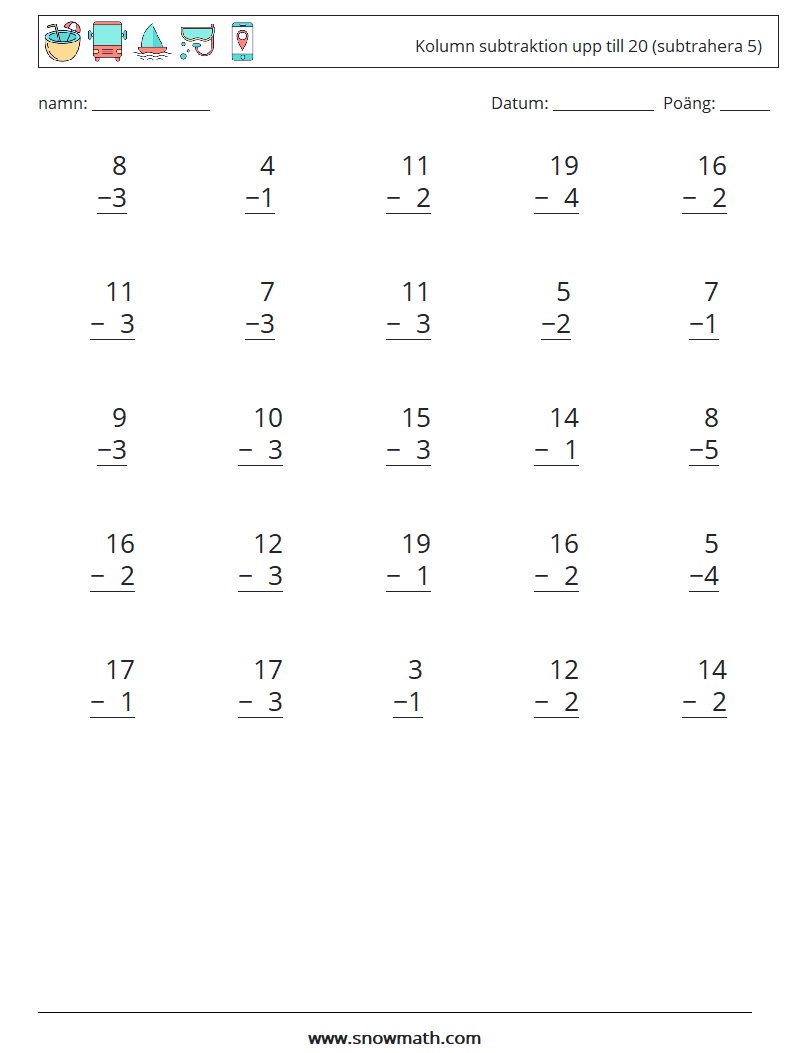 (25) Kolumn subtraktion upp till 20 (subtrahera 5) Matematiska arbetsblad 7