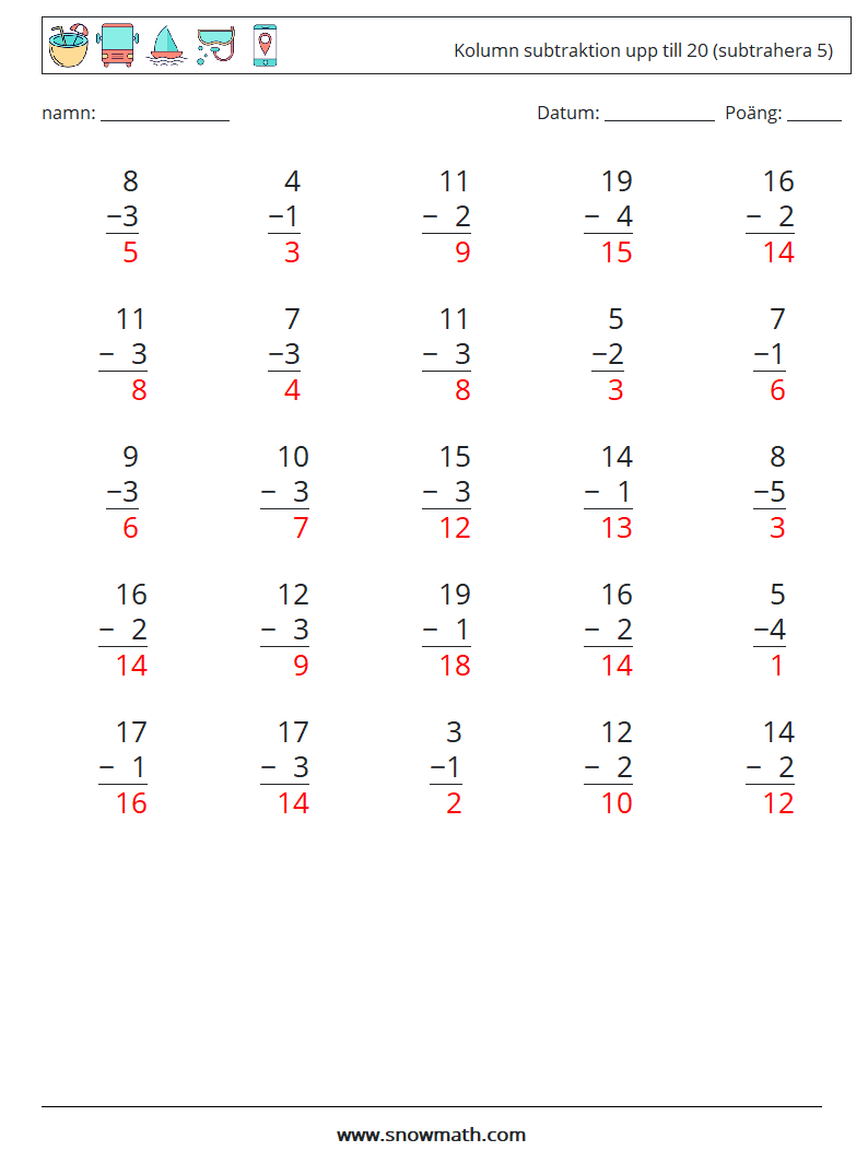 (25) Kolumn subtraktion upp till 20 (subtrahera 5) Matematiska arbetsblad 7 Fråga, svar