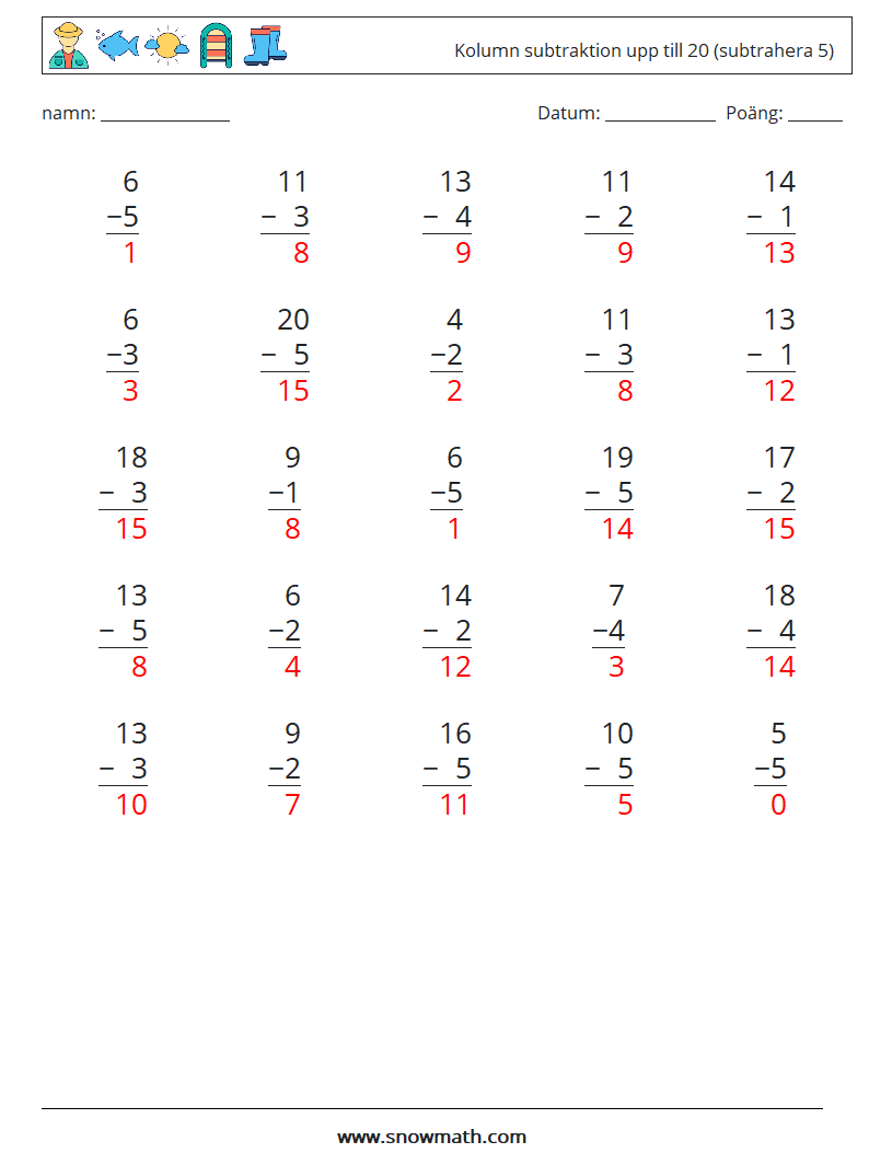 (25) Kolumn subtraktion upp till 20 (subtrahera 5) Matematiska arbetsblad 8 Fråga, svar