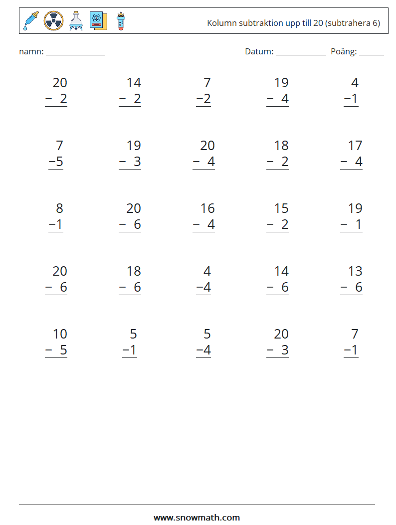 (25) Kolumn subtraktion upp till 20 (subtrahera 6)