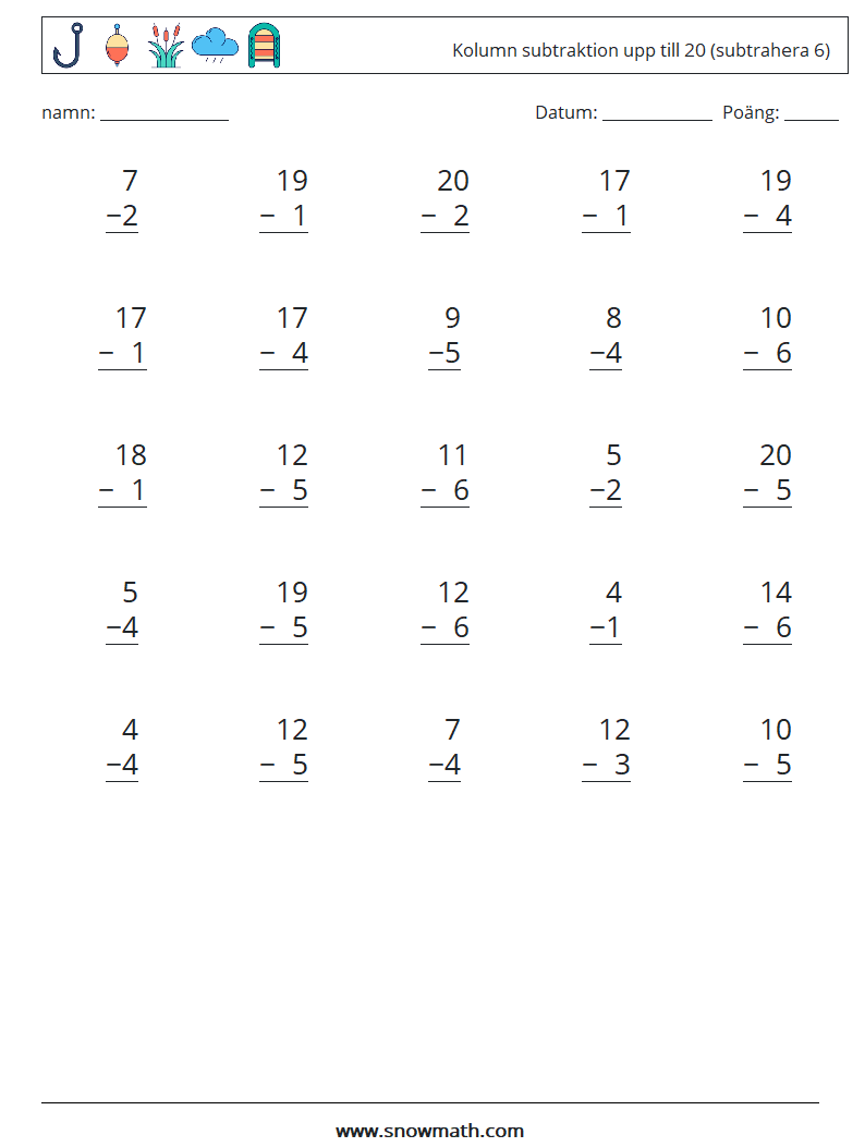 (25) Kolumn subtraktion upp till 20 (subtrahera 6) Matematiska arbetsblad 10
