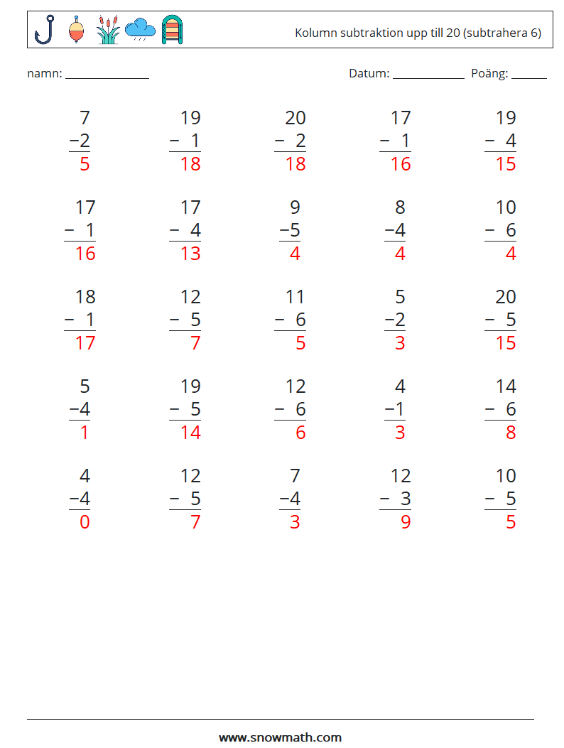 (25) Kolumn subtraktion upp till 20 (subtrahera 6) Matematiska arbetsblad 10 Fråga, svar