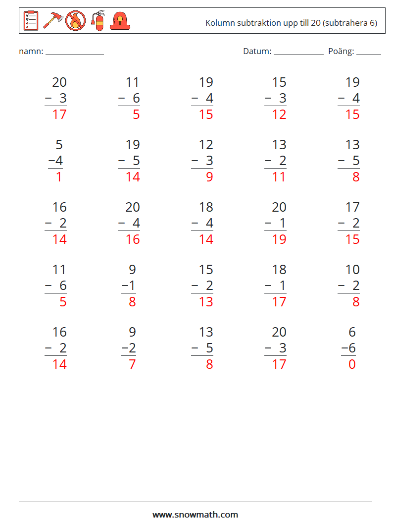 (25) Kolumn subtraktion upp till 20 (subtrahera 6) Matematiska arbetsblad 11 Fråga, svar