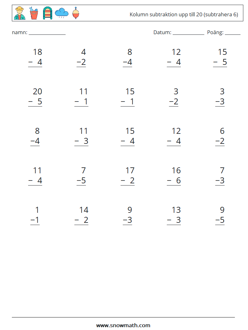 (25) Kolumn subtraktion upp till 20 (subtrahera 6) Matematiska arbetsblad 12
