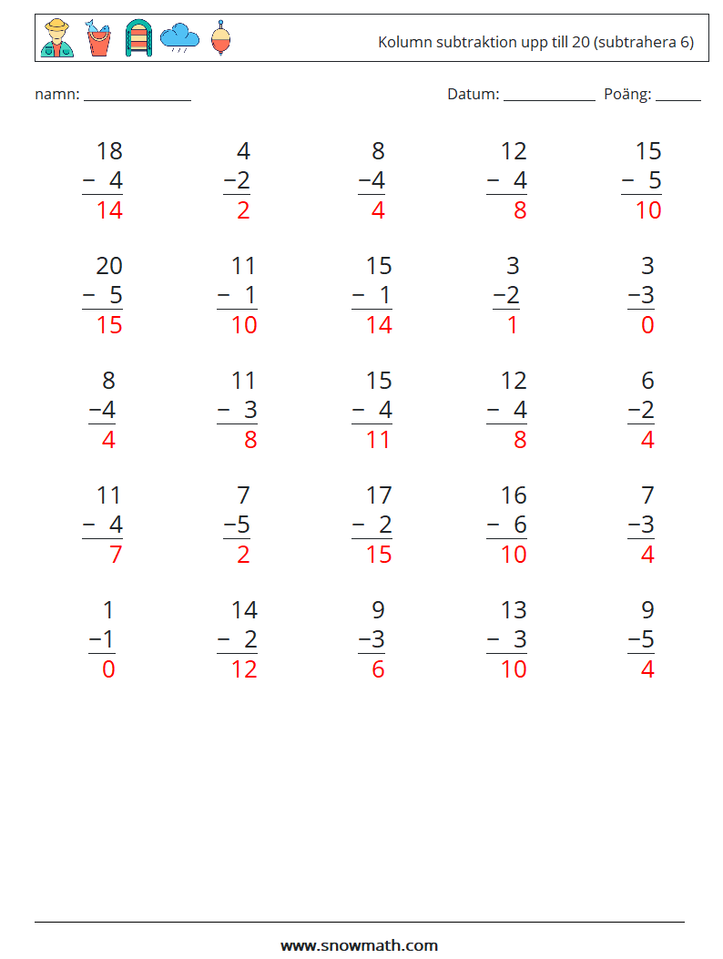 (25) Kolumn subtraktion upp till 20 (subtrahera 6) Matematiska arbetsblad 12 Fråga, svar