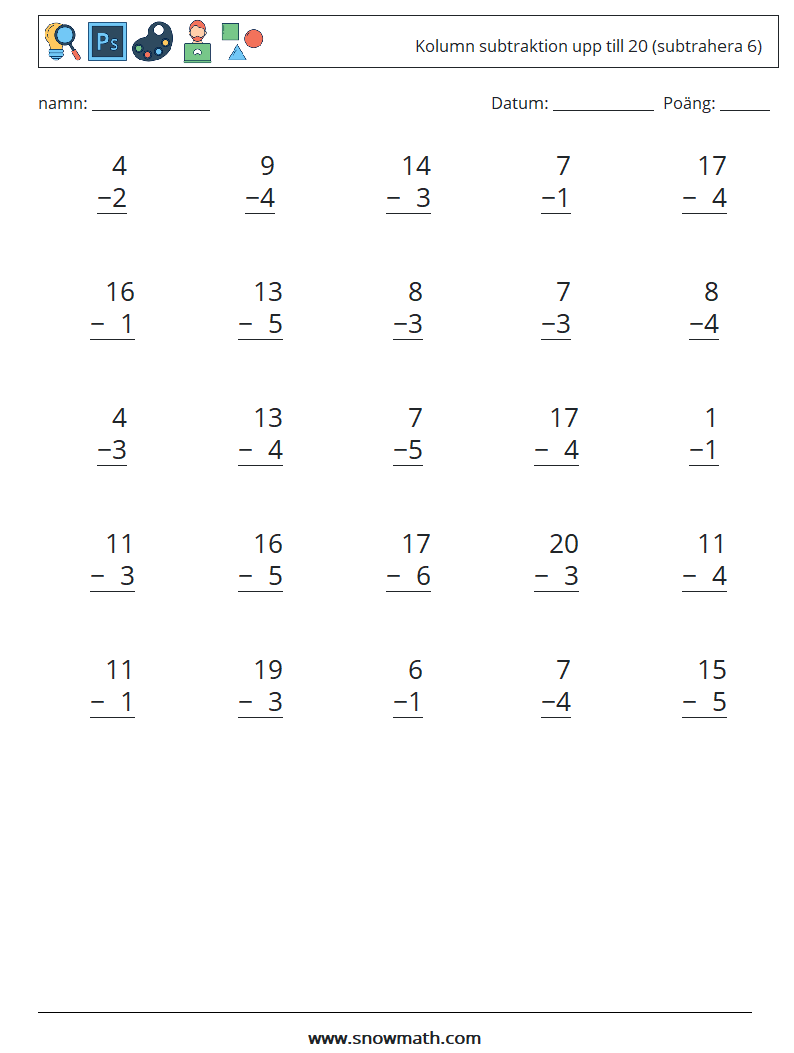 (25) Kolumn subtraktion upp till 20 (subtrahera 6) Matematiska arbetsblad 13