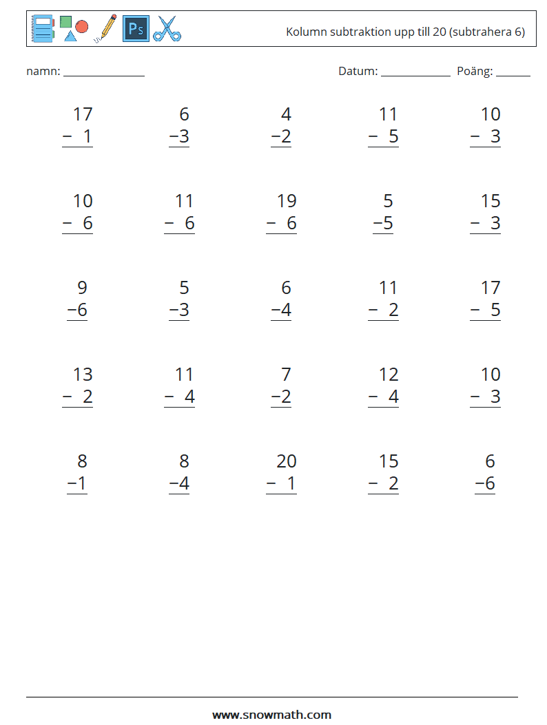 (25) Kolumn subtraktion upp till 20 (subtrahera 6) Matematiska arbetsblad 14
