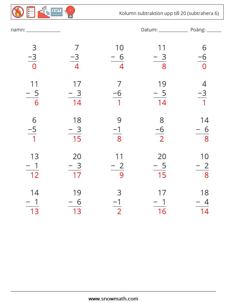 (25) Kolumn subtraktion upp till 20 (subtrahera 6) Matematiska arbetsblad 15 Fråga, svar