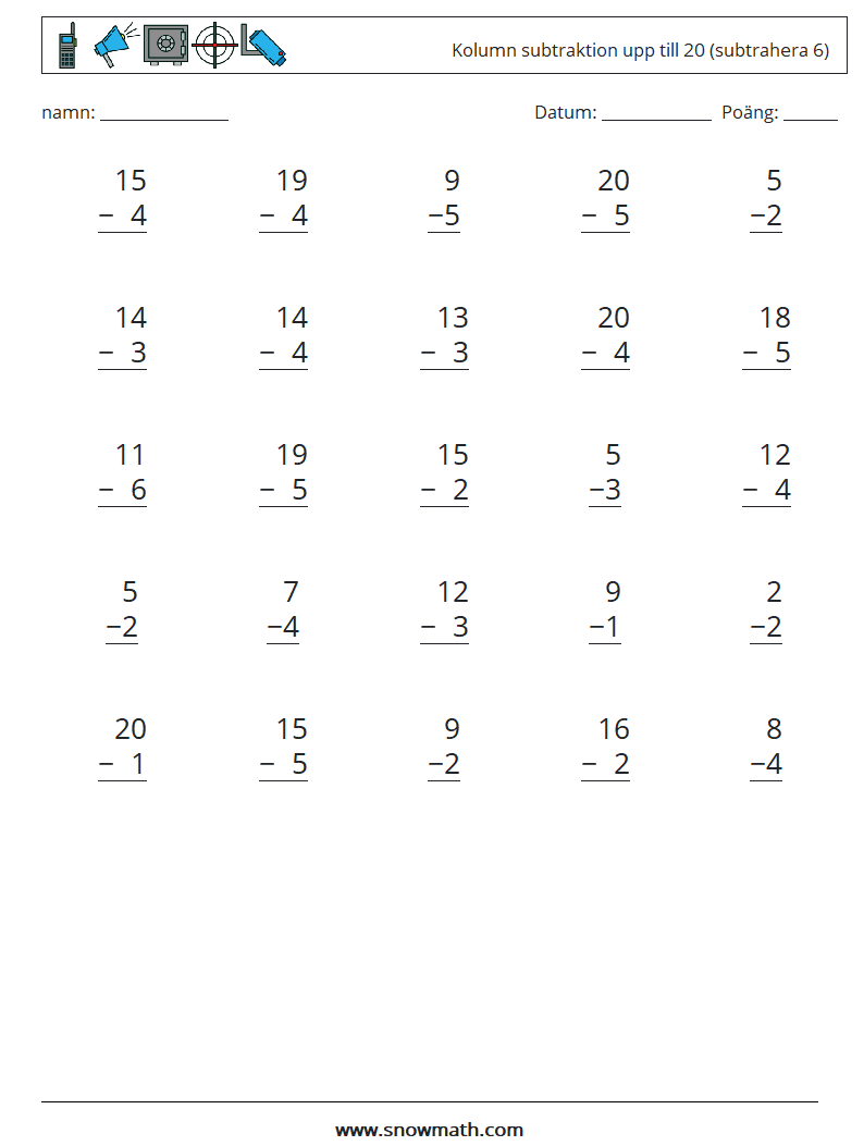 (25) Kolumn subtraktion upp till 20 (subtrahera 6) Matematiska arbetsblad 16