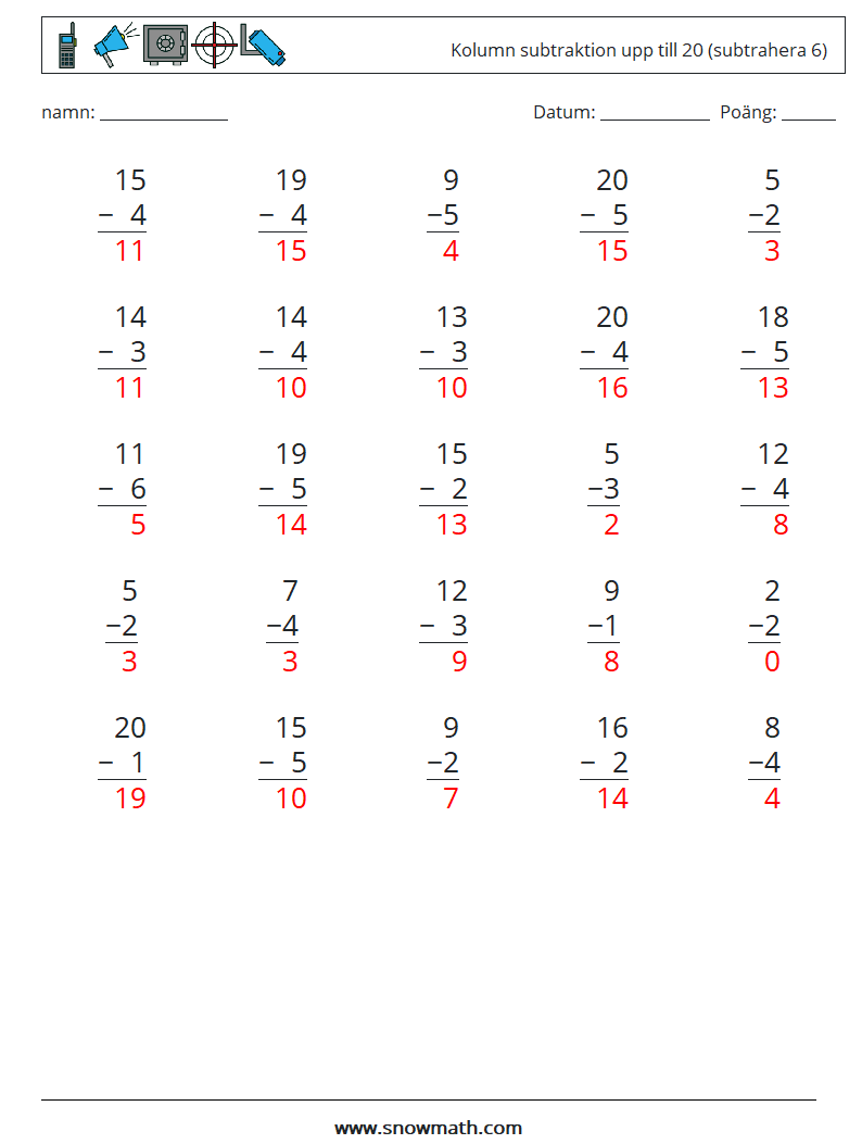 (25) Kolumn subtraktion upp till 20 (subtrahera 6) Matematiska arbetsblad 16 Fråga, svar