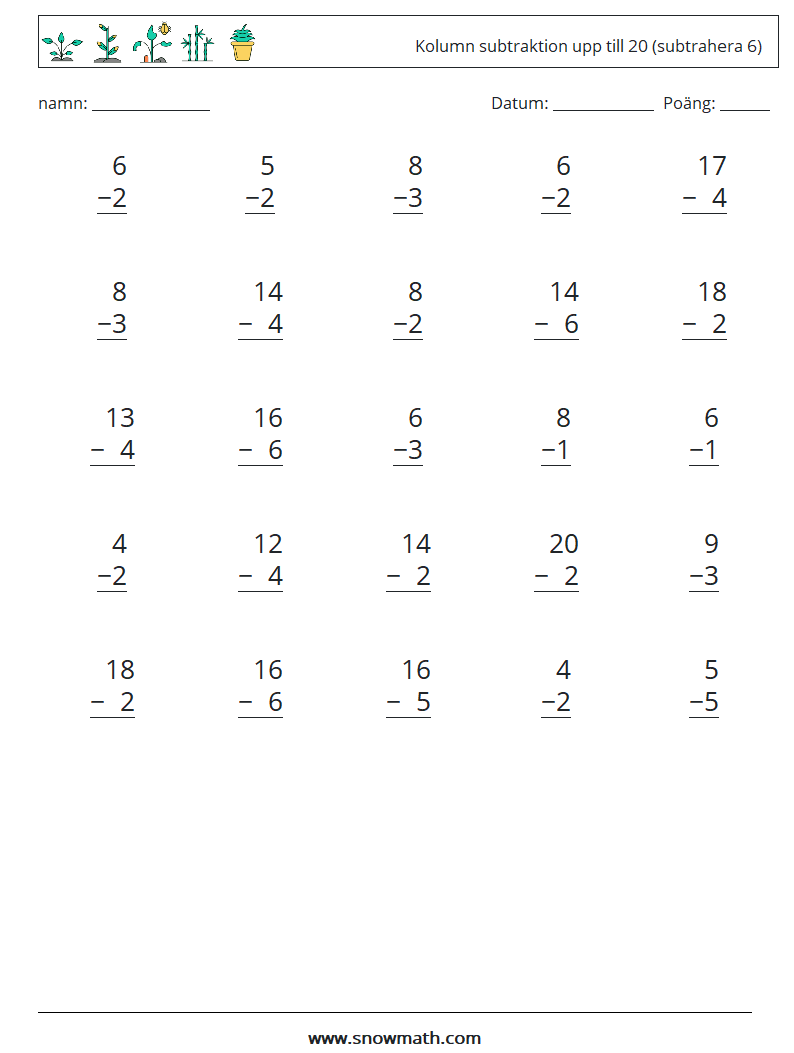 (25) Kolumn subtraktion upp till 20 (subtrahera 6) Matematiska arbetsblad 17