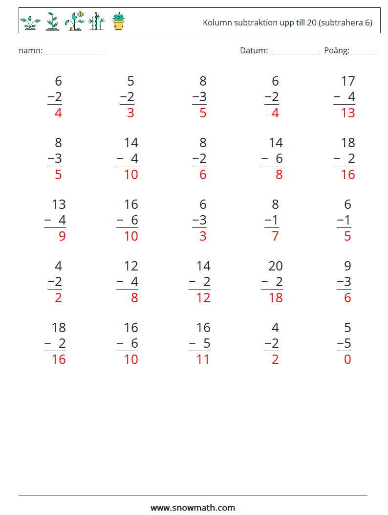 (25) Kolumn subtraktion upp till 20 (subtrahera 6) Matematiska arbetsblad 17 Fråga, svar