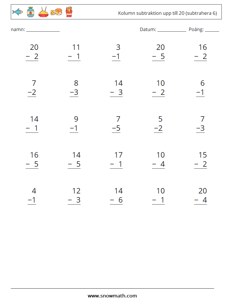 (25) Kolumn subtraktion upp till 20 (subtrahera 6) Matematiska arbetsblad 18