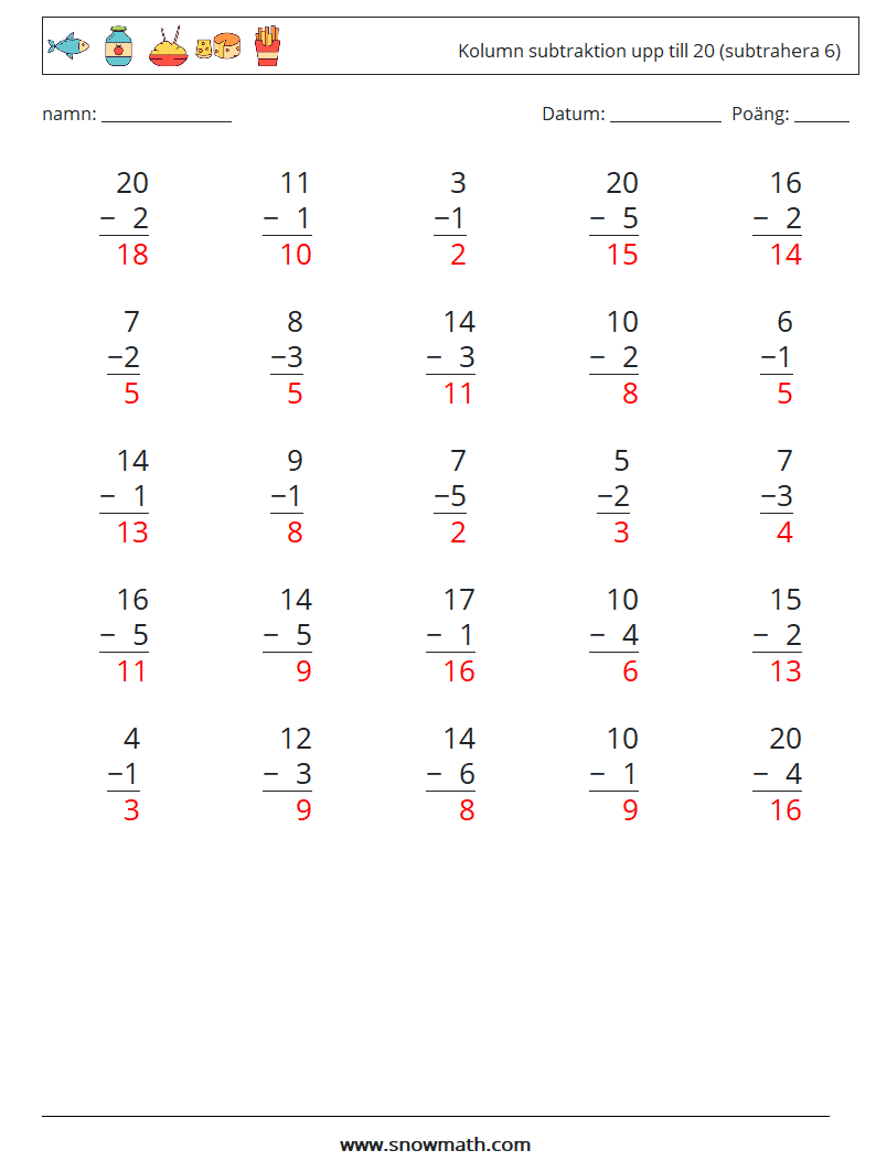 (25) Kolumn subtraktion upp till 20 (subtrahera 6) Matematiska arbetsblad 18 Fråga, svar