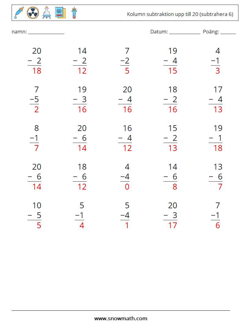 (25) Kolumn subtraktion upp till 20 (subtrahera 6) Matematiska arbetsblad 1 Fråga, svar