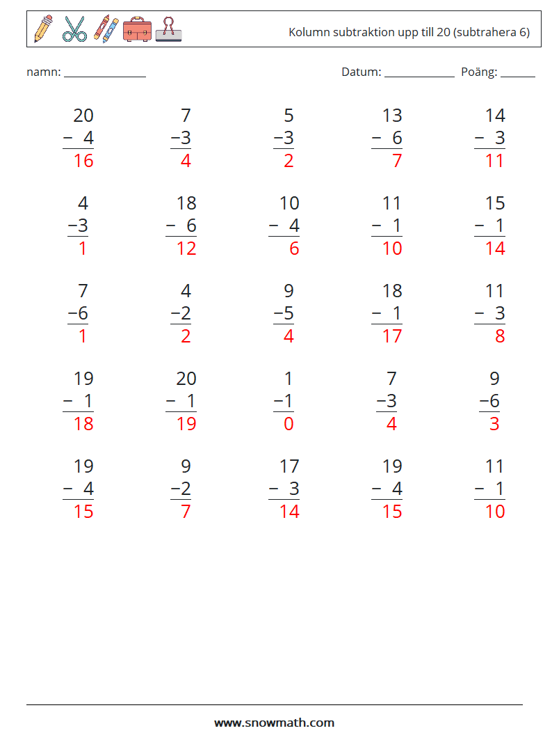 (25) Kolumn subtraktion upp till 20 (subtrahera 6) Matematiska arbetsblad 2 Fråga, svar