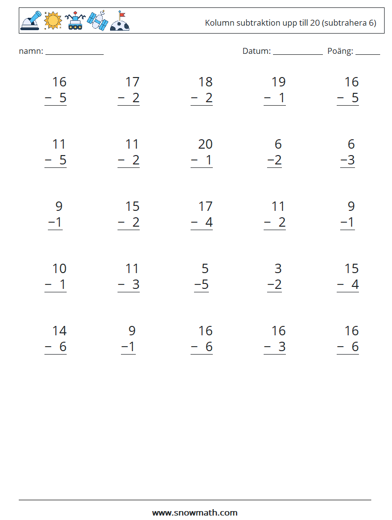 (25) Kolumn subtraktion upp till 20 (subtrahera 6) Matematiska arbetsblad 3