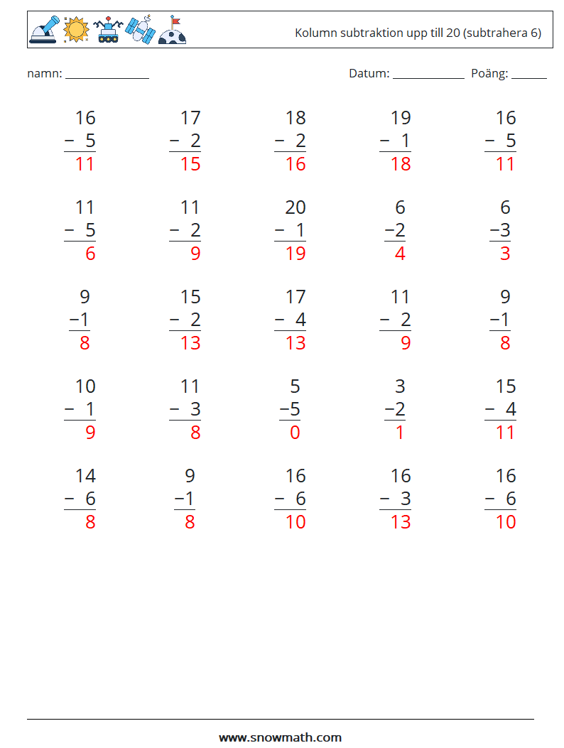 (25) Kolumn subtraktion upp till 20 (subtrahera 6) Matematiska arbetsblad 3 Fråga, svar