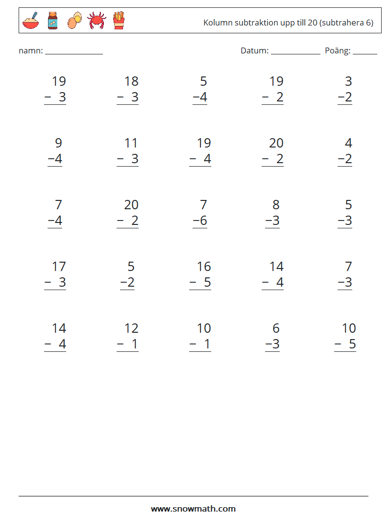 (25) Kolumn subtraktion upp till 20 (subtrahera 6) Matematiska arbetsblad 4