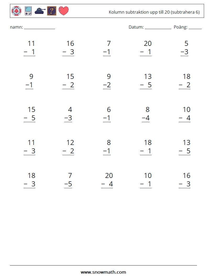 (25) Kolumn subtraktion upp till 20 (subtrahera 6) Matematiska arbetsblad 5