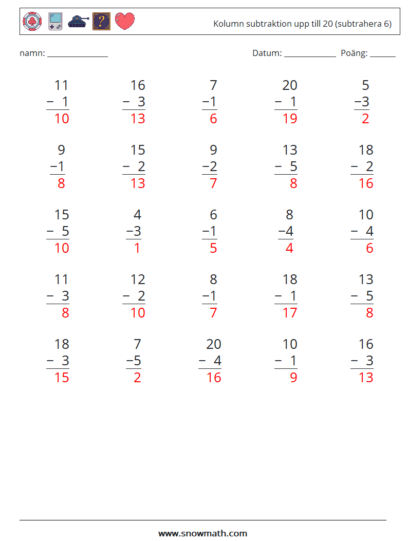 (25) Kolumn subtraktion upp till 20 (subtrahera 6) Matematiska arbetsblad 5 Fråga, svar