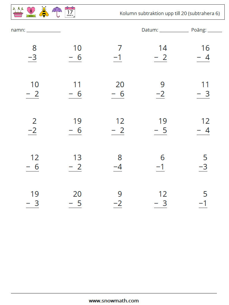 (25) Kolumn subtraktion upp till 20 (subtrahera 6) Matematiska arbetsblad 6