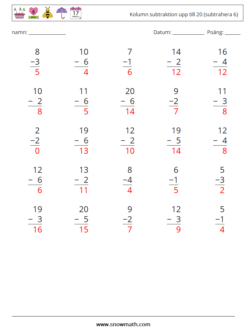 (25) Kolumn subtraktion upp till 20 (subtrahera 6) Matematiska arbetsblad 6 Fråga, svar