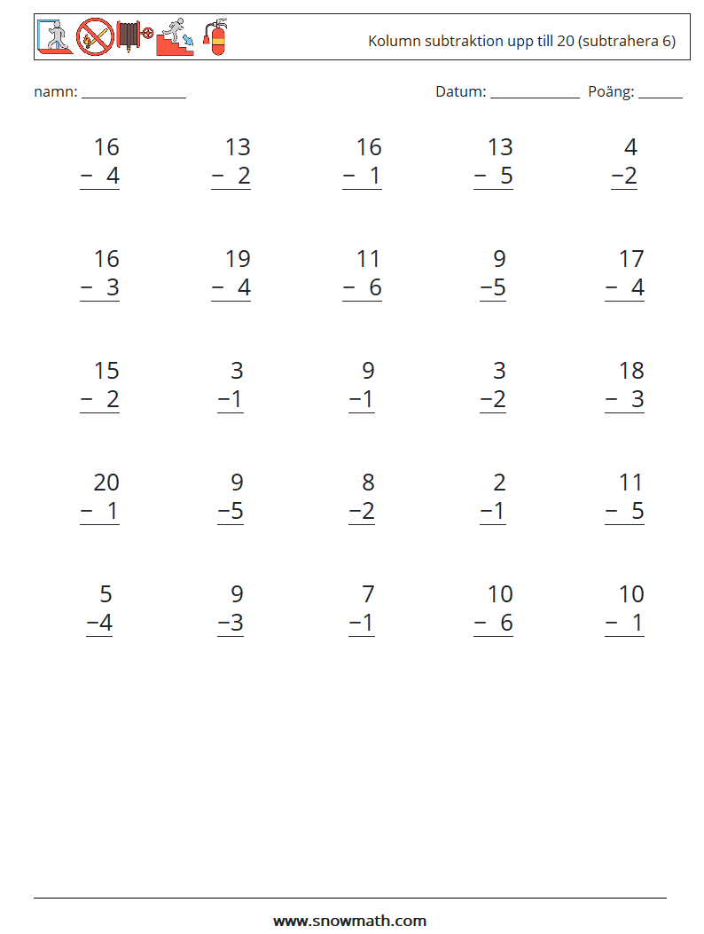 (25) Kolumn subtraktion upp till 20 (subtrahera 6) Matematiska arbetsblad 7