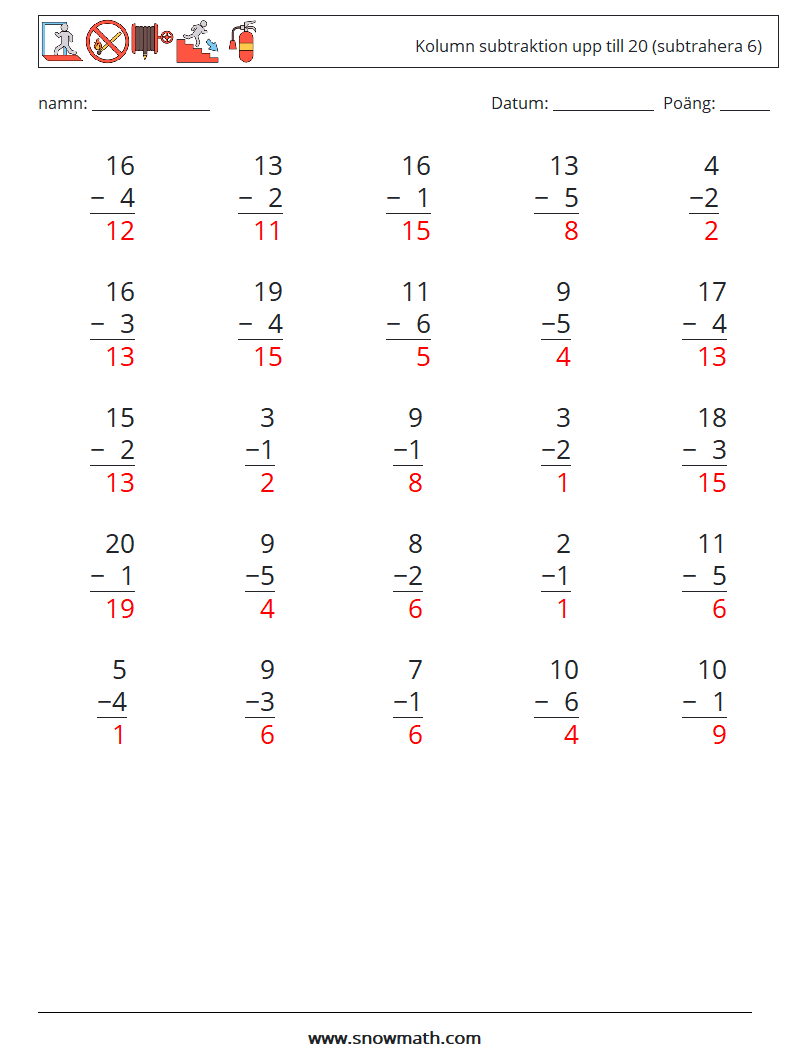 (25) Kolumn subtraktion upp till 20 (subtrahera 6) Matematiska arbetsblad 7 Fråga, svar