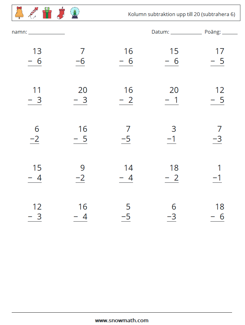 (25) Kolumn subtraktion upp till 20 (subtrahera 6) Matematiska arbetsblad 8