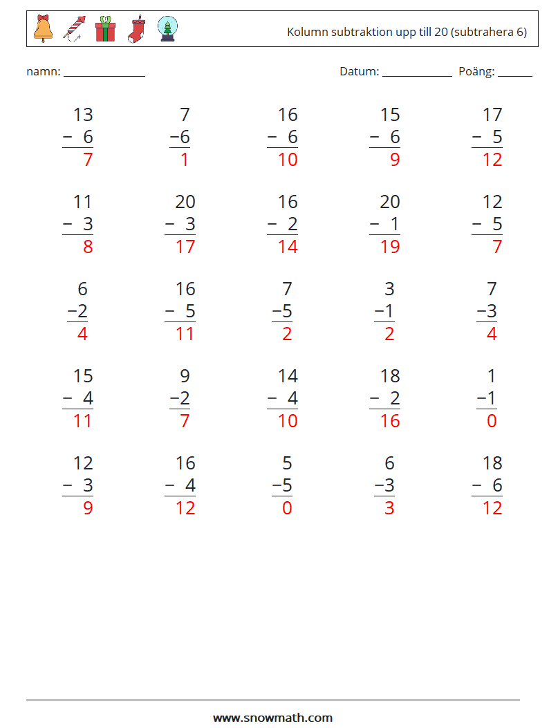 (25) Kolumn subtraktion upp till 20 (subtrahera 6) Matematiska arbetsblad 8 Fråga, svar