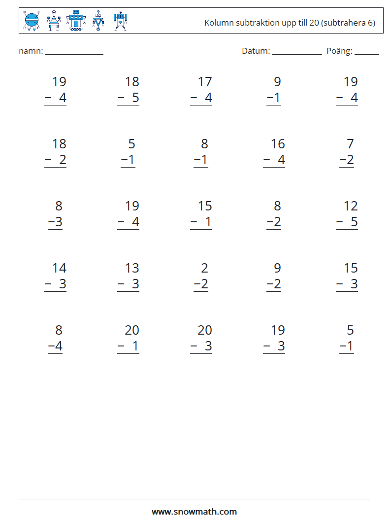 (25) Kolumn subtraktion upp till 20 (subtrahera 6) Matematiska arbetsblad 9