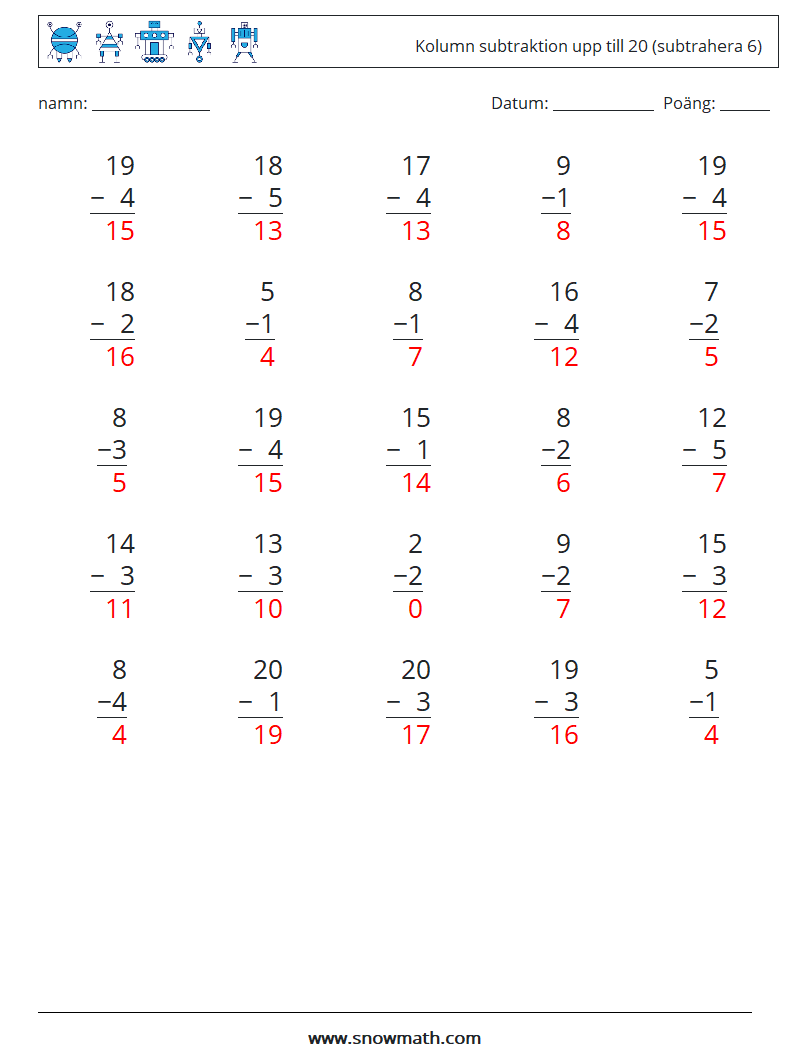 (25) Kolumn subtraktion upp till 20 (subtrahera 6) Matematiska arbetsblad 9 Fråga, svar