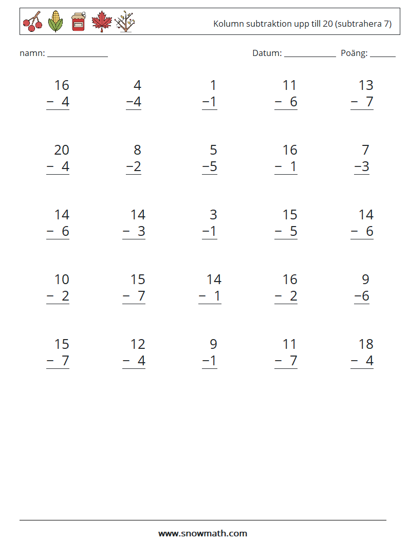 (25) Kolumn subtraktion upp till 20 (subtrahera 7) Matematiska arbetsblad 10