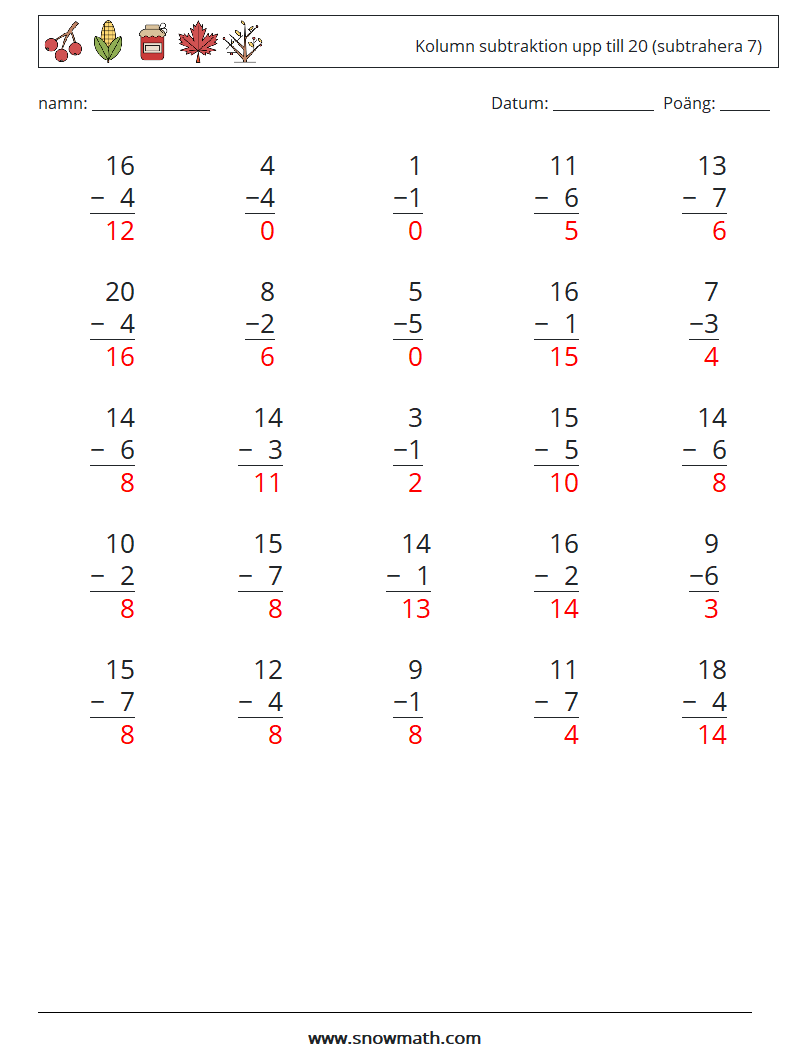 (25) Kolumn subtraktion upp till 20 (subtrahera 7) Matematiska arbetsblad 10 Fråga, svar