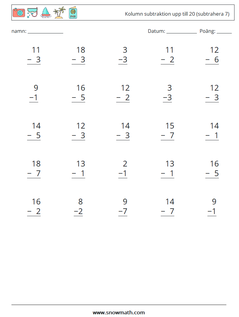 (25) Kolumn subtraktion upp till 20 (subtrahera 7) Matematiska arbetsblad 11